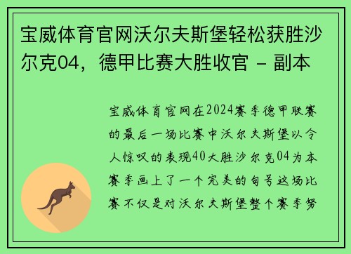 宝威体育官网沃尔夫斯堡轻松获胜沙尔克04，德甲比赛大胜收官 - 副本