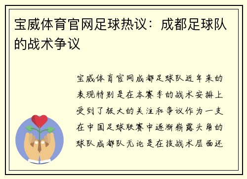 宝威体育官网足球热议：成都足球队的战术争议