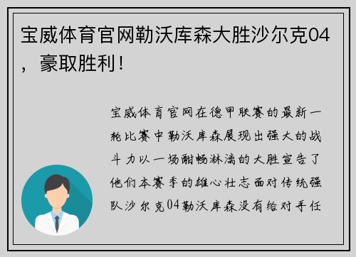 宝威体育官网勒沃库森大胜沙尔克04，豪取胜利！