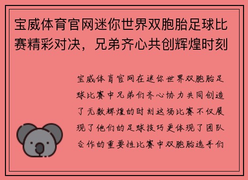 宝威体育官网迷你世界双胞胎足球比赛精彩对决，兄弟齐心共创辉煌时刻
