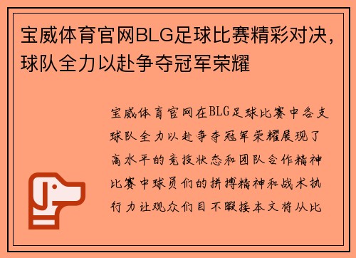 宝威体育官网BLG足球比赛精彩对决，球队全力以赴争夺冠军荣耀