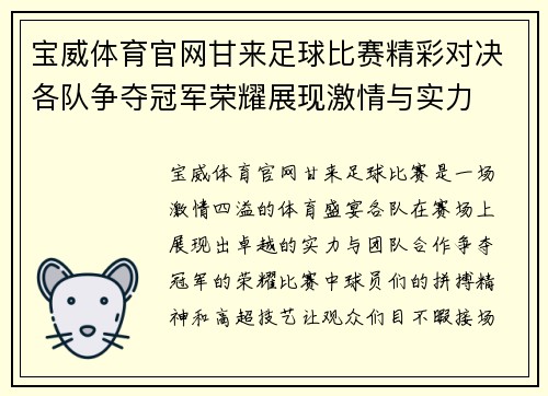 宝威体育官网甘来足球比赛精彩对决各队争夺冠军荣耀展现激情与实力