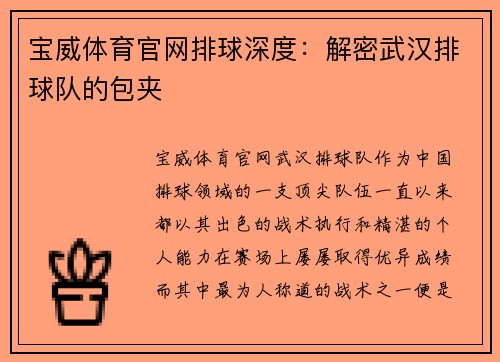 宝威体育官网排球深度：解密武汉排球队的包夹
