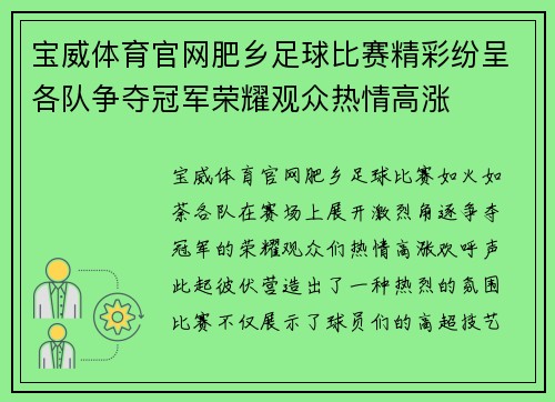 宝威体育官网肥乡足球比赛精彩纷呈各队争夺冠军荣耀观众热情高涨